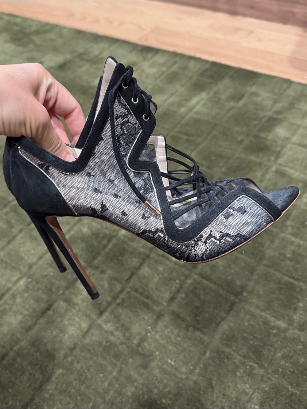 Nicholas Kirkwood Black Suede and Lace Lace-Up Peep-Toe Stiletto - 39